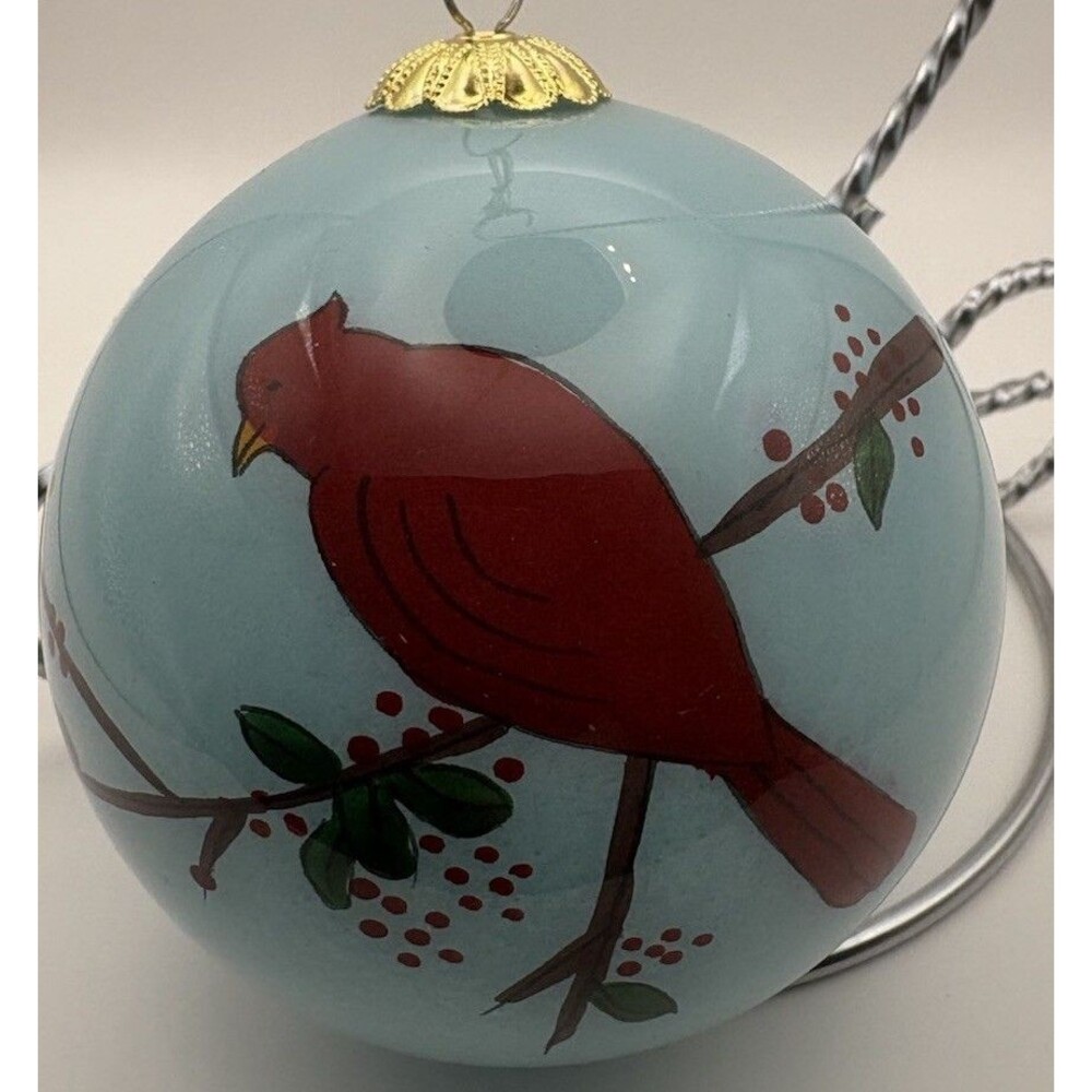 Cardinal Bird Christmas Ornament Glass w/ Box Hand Painted Teresa Thibault